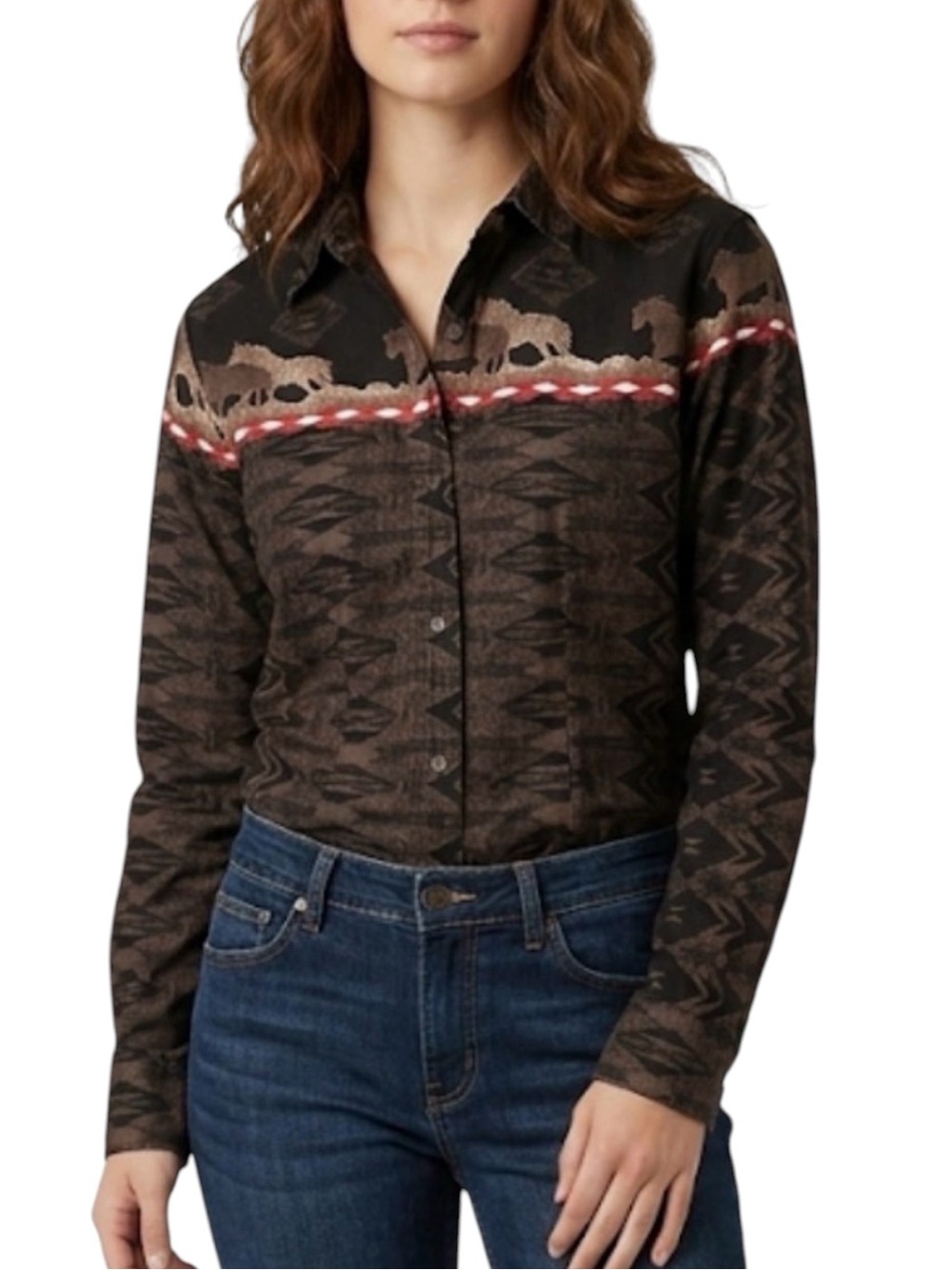 Bit & Bridle Vintage Equestrian Horse Print Button Down Shirt XL Western Boho